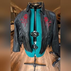 Black Leather Jacket with Red Rose Embroidery